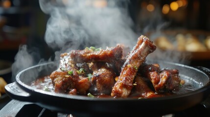 A sizzling skillet of fried pork ribs being served directly from the pan, with steam rising and a vibrant kitchen backdrop, highlighting the delicious preparation process.