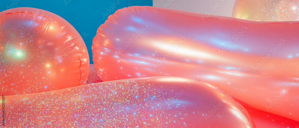 Poster Inflatable furniture with glittering texture and abstract shapes in a vibrant setting