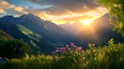 Obraz premium Breathtaking Sunrise Over Majestic Mountains with Vibrant Wildflowers