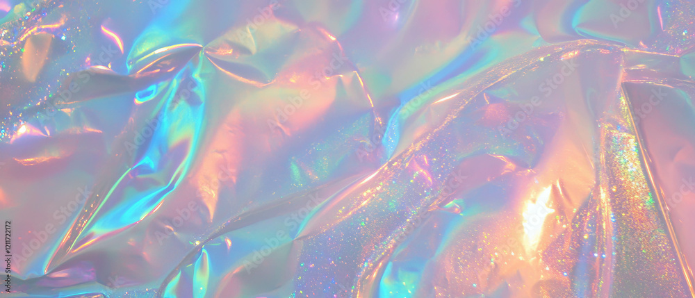 Poster iridescent plastic reflecting shimmering light and vibrant colors with abstract shapes