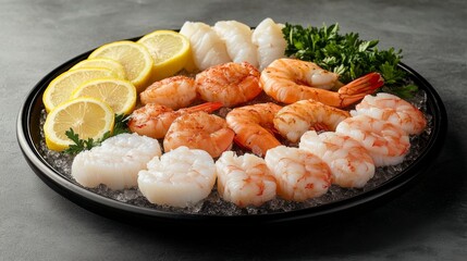 A striking composition of fresh seafood on ice, including shrimp, scallops, and fish fillets, beautifully arranged with lemon slices and fresh herbs