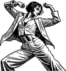 A black and white illustration of a dancing woman in a dynamic, expressive pose. Vector illustration in linocut style