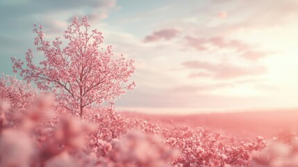 Fototapeta premium Pastel spring idea. A serene landscape featuring a blossoming pink tree under a soft pastel sky.