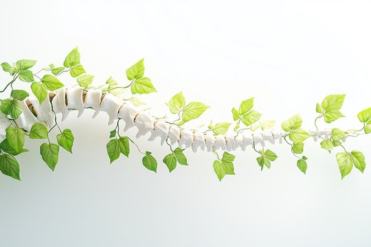 A human spine seamlessly transitioning into a vibrant vine with green leaves, symbolizing health, growth, and a deep connection with nature