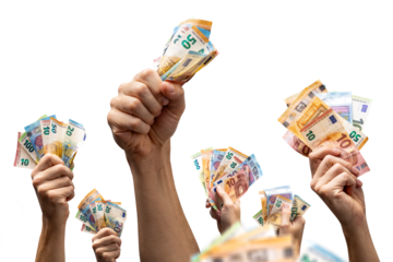 Multiple hands holding up Euro banknotes isolated from background