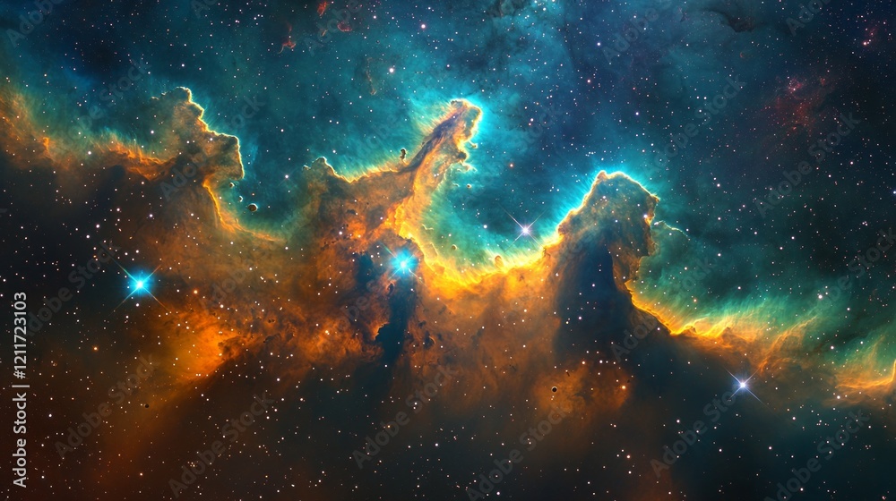 Poster asteroids navigate through a kaleidoscopic nebula, illuminated by brilliant colors of gas and dust, 