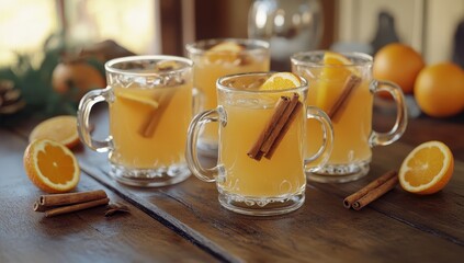 Four mugs of hot spiced orange cider with cinnamon sticks and orange slices on a rustic wooden table.