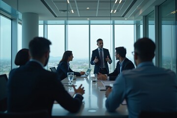 Fototapeta premium Business Team Having a Meeting in a Conference Room, Reflection of People and Table Through Glass Wall, Modern Office Collaboration Generative AI
