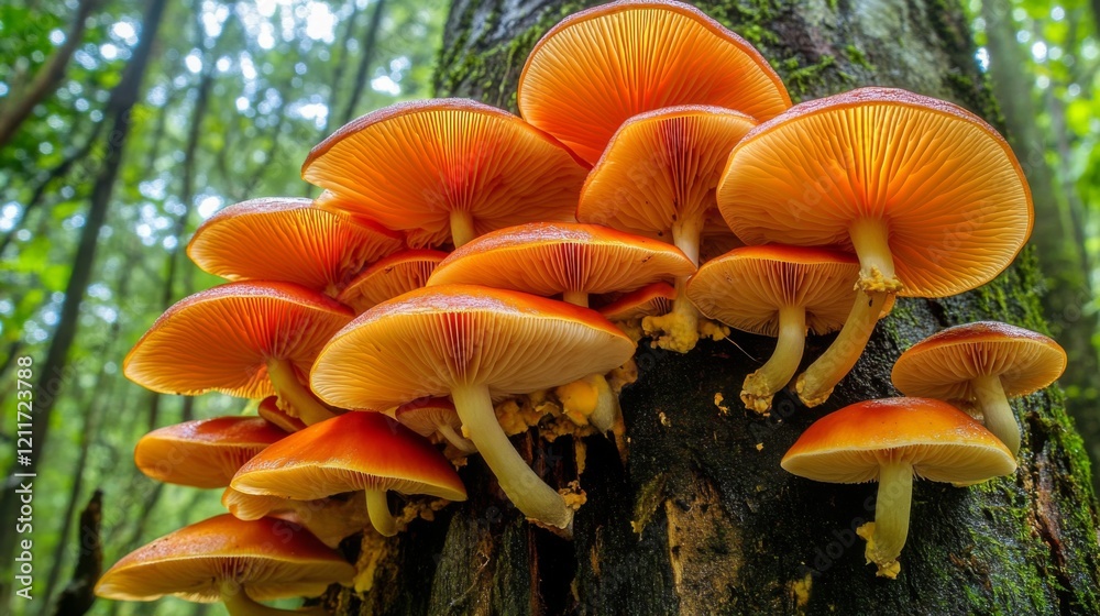 Poster a stunning photograph of mushrooms growing on the side of a tree trunk in a dense forest, highlighti