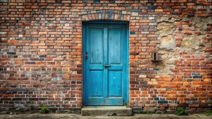 A weathered blue door set within an aged brick wall, showcasing the passage of time and enduring structure