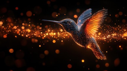 Vibrant hummingbird in mid-flight surrounded by glowing particles against a dark background