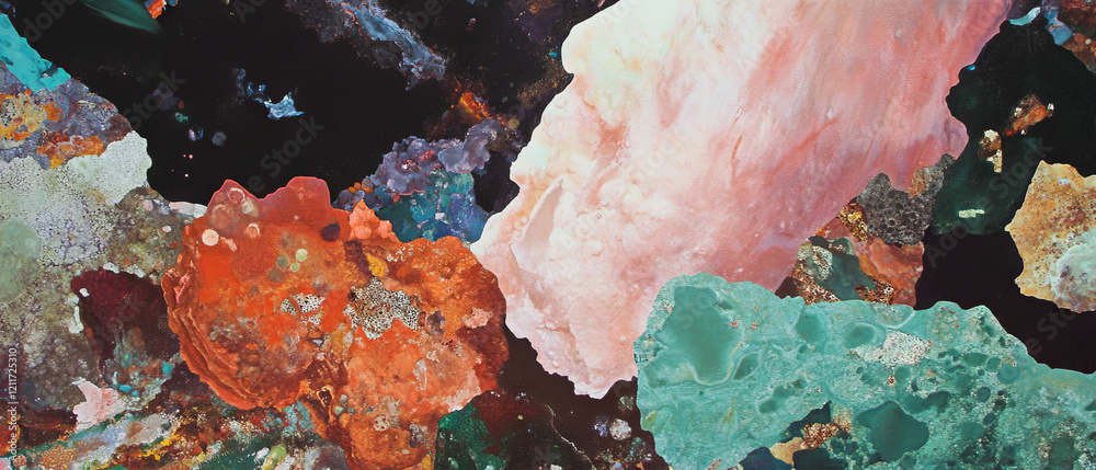 Poster exploring the vibrant textures of lichen-covered rocks in nature's color palette