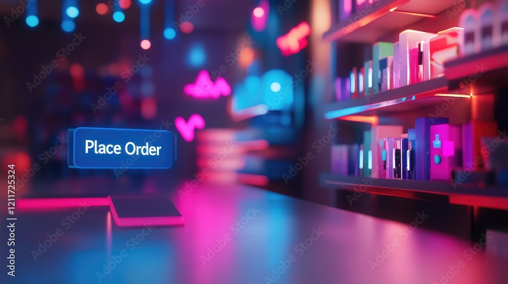Poster creative 3d image of a virtual storefront with glowing product displays and a 