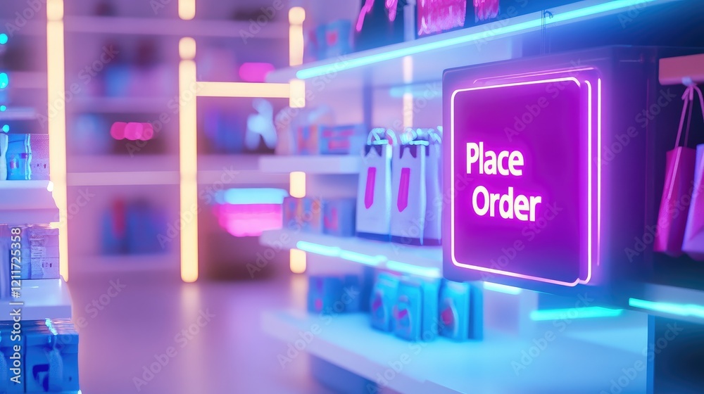 Poster creative 3d image of a virtual storefront with glowing product displays and a 
