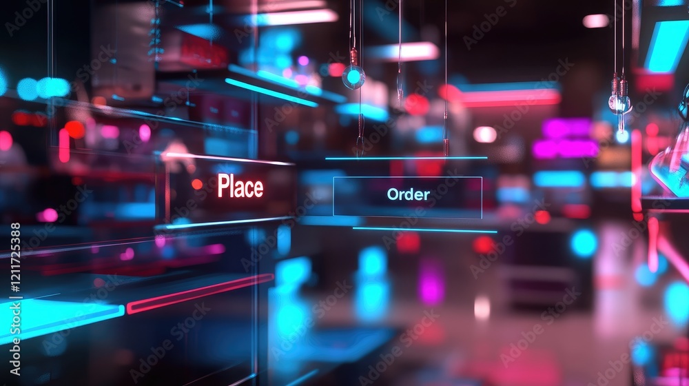 Poster creative 3d image of a virtual storefront with glowing product displays and a 