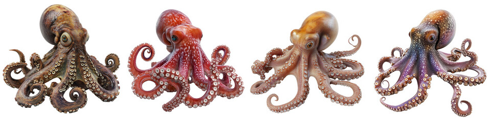Obraz premium Marine animals fish species clip art collection. Ultra-detailed illustration of an intelligent octopus in a sea environment.