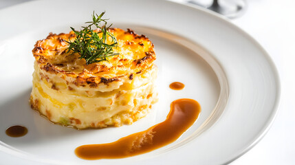 Neatly Layered Shepherd's Pie Presentation on White Plate