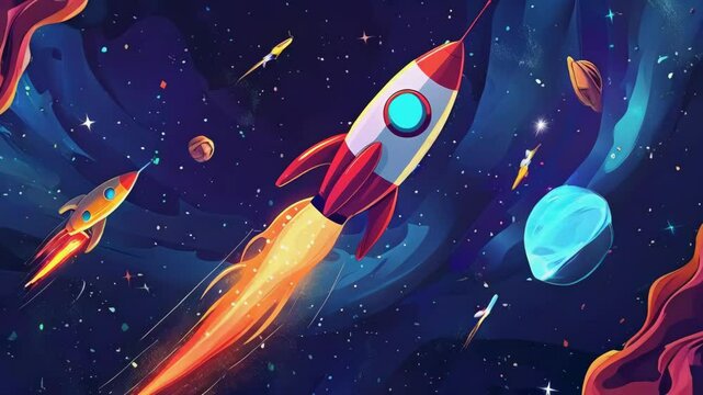 video of A cartoon rocket and alien UFO soar through outer space. illustration features spacecraft, stars, meteors, planets, and comets with trails against a dark night sky