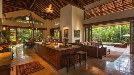 Obraz premium Luxurious open-plan home interior with high ceilings, hardwood floors, kitchen island, and expansive views of a tropical garden.