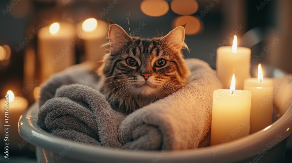 Poster A tranquil image of a cat sitting in a small tub with warm water, surrounded by candles and soft towels, creating a relaxing spa-like atmosphere for the pet.