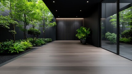 Modern indoor garden path, green plants, dark walls, glass wall, peaceful background, for real estate