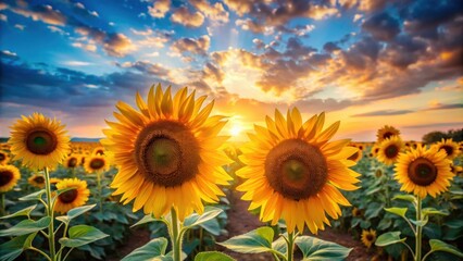 Obraz premium Golden Sunflowers Basking in the Evening Glow, a Serene Field at Sunset
