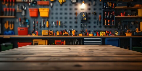 An empty wooden garage table with a blurred background of tools and workshop equipment