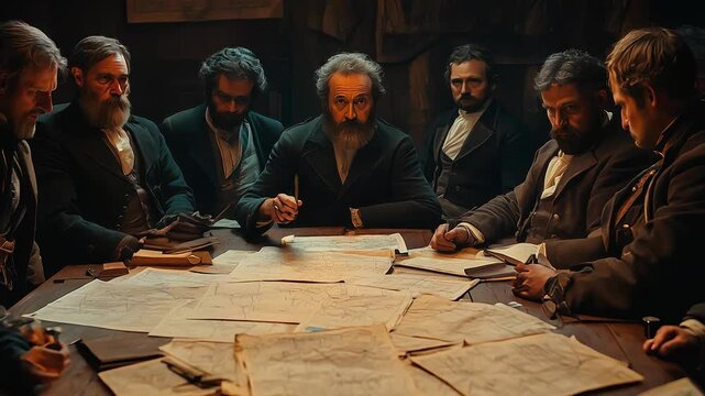 In a shadowy room, a group of men huddles around a large table, intensely focused on documents and maps, engaged in a serious discourse that implies deep contemplation and secrecy.