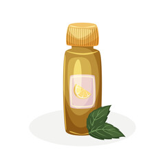 Lemon essential oil in a brown bottle and mint leaves. Spa and aromatherapy. Self care and work life balance. Vector illustration. 