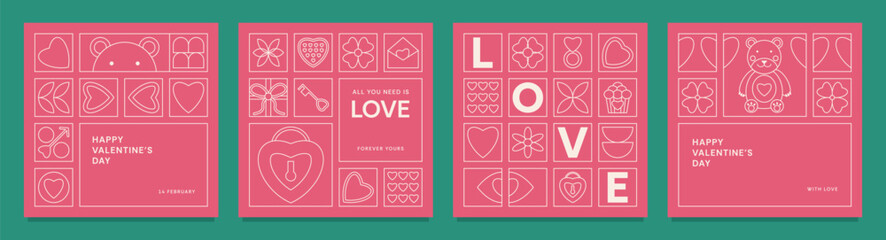 Set of poster template for Valentine's day concept. Line geometric pink background with simple decoration for card cover. Outline love shapes icons. Modern design trendy minimal typography