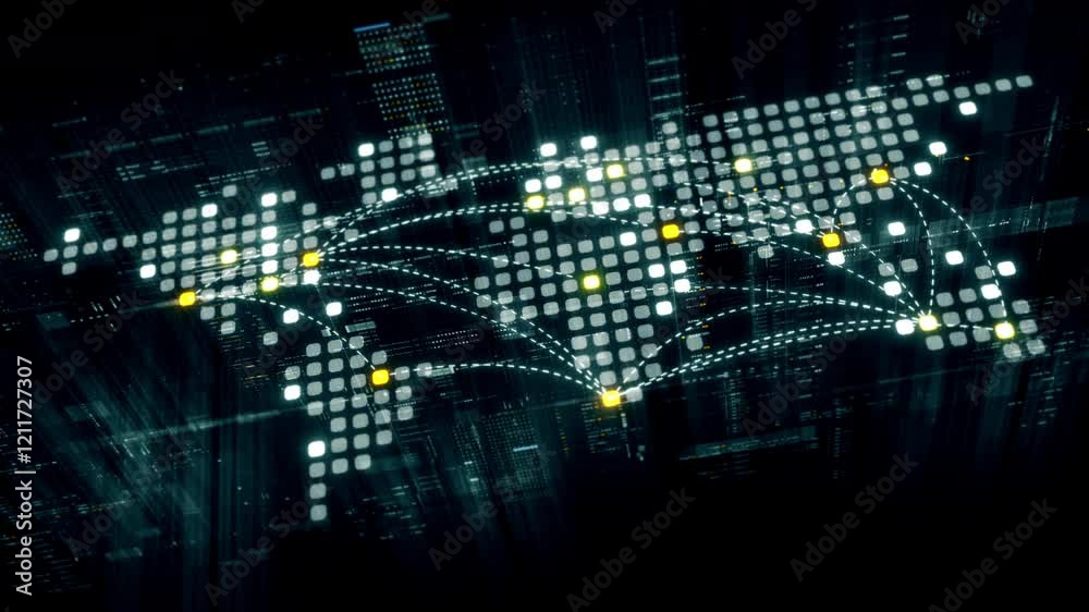 Fototapete Futuristic data matrix simulation featuring metaverse-inspired elements, an information network, and hi-tech digital data telemetry with encrypted numbers. A dynamic background for computer display