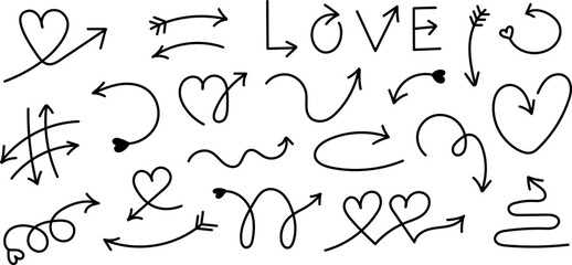 Valentine's Day Arrows Set. Line hand drawn curved and straight pointer in different directions, decorated with hearts. Black outline elements with editable stroke. Love and romantic concept.