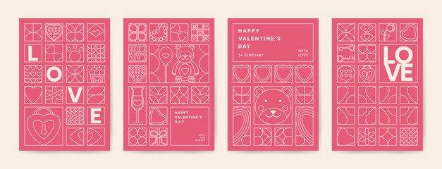 Minimalist Love vertical greeting card with Modern pattern with white icons in line style set. Valentine's Day line geometric posters template. Trendy Classic background for sale cover banner