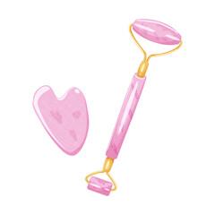 Guasha massage set for self care. Mesoscooter and gua sha stone scraper. Roller massager for face. Vector illustration