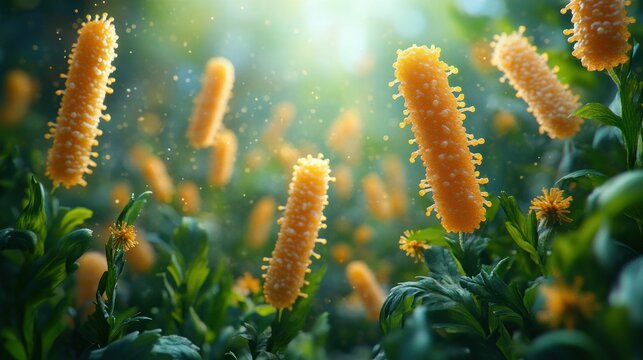 Vibrant yellow flowers stand tall in a lush green garden, illuminated by soft sunlight, creating a serene atmosphere