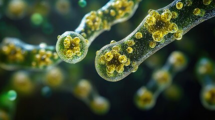 Microscopic view of vibrant green algae cells in a dark aquatic environment, showcasing cellular structures