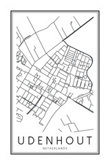 Printable downtown road map poster of the Dutch city of UDENHOUT on solid white background with city name