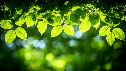 Sunlit Green Leaves Framing a Soft Blurry Natural Background Scene