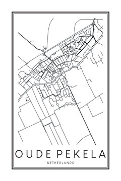 Printable downtown road map poster of the Dutch city of OUDE PEKELA on solid white background with city name