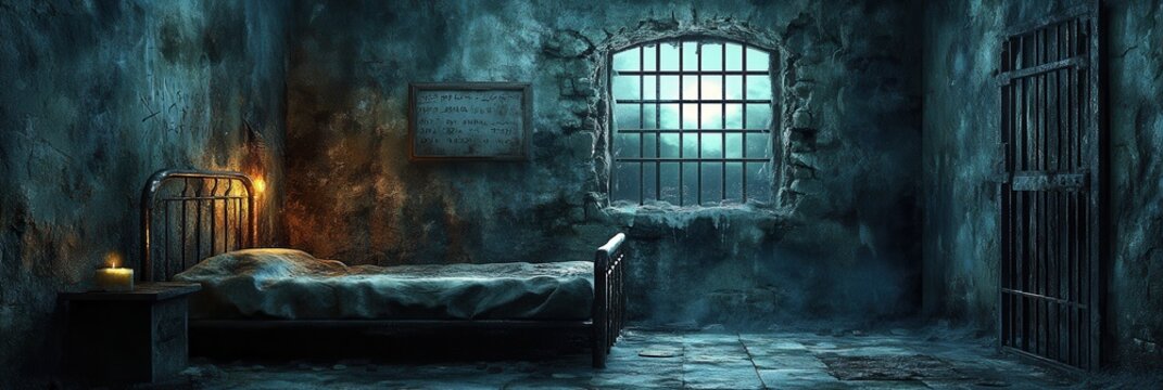 A dark prison cell with stone walls, iron bars, and an old bed, symbolizing captivity, isolation
