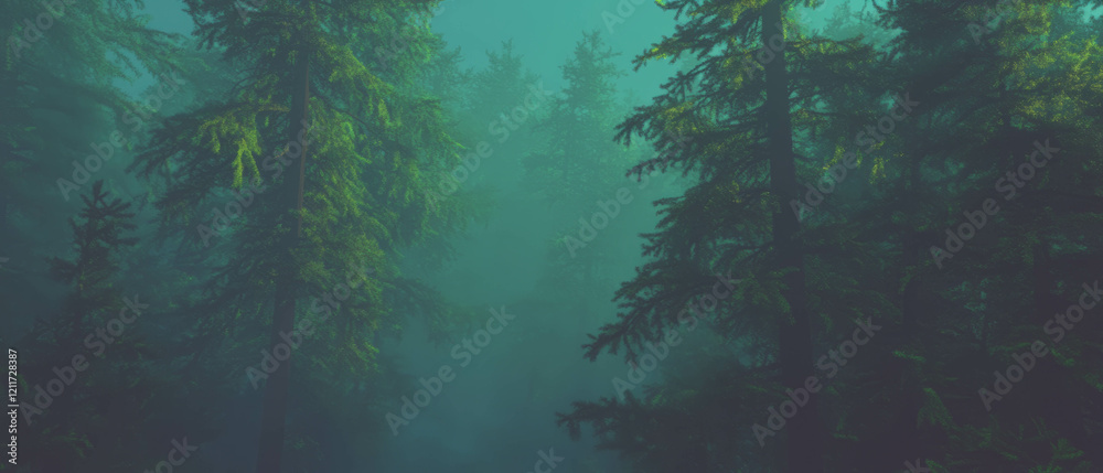 Poster morning mist enveloping a tranquil forest with soft fog and fresh air