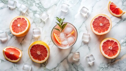 Refreshing Pink Citrus Beverage with Ice Cubes on Marble