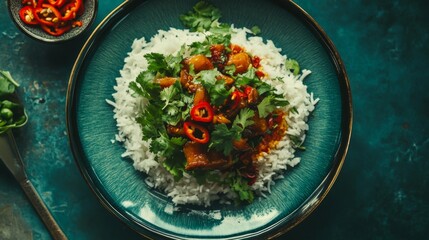 A vibrant plate showcasing braised pork belly served with steamed rice, garnished with fresh cilantro and red chili slices, creating a delicious Thai-style dish