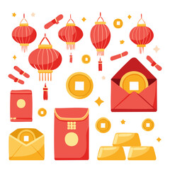 Christmas and Chinese New Year Icons Set with Gifts, Decorations, and Party Elements