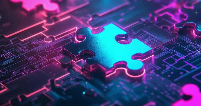 Digital technology, business, and data connection concept. Glowing puzzle pieces and circuit board. Futuristic circuit board. Futuristic technology. Symbolizing technology connectivity. Abstract tech