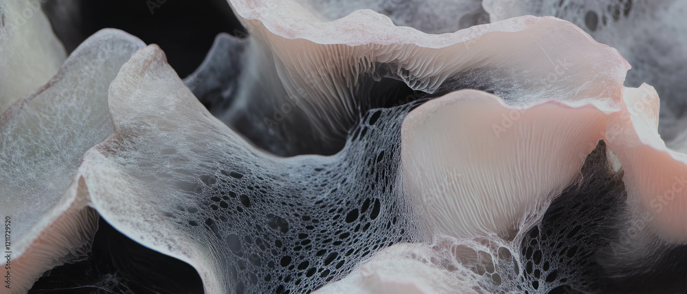 Poster exploring the intricate textures and earthy tones of mushroom gills in nature