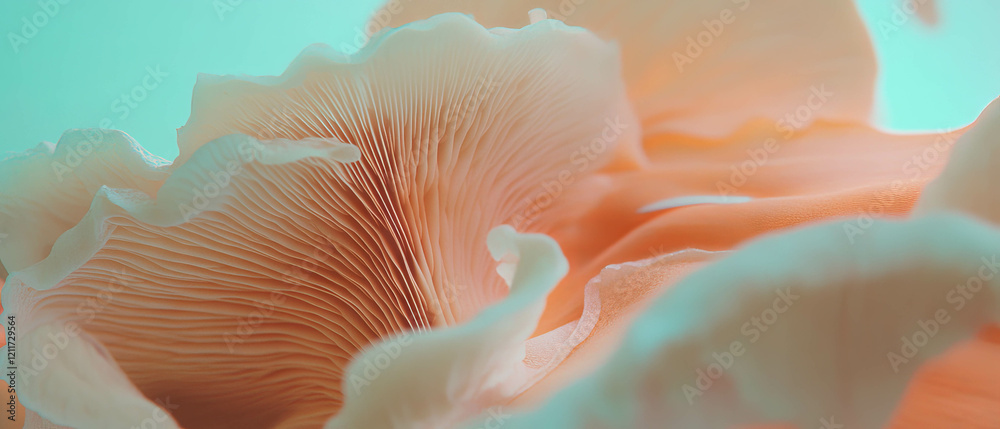 Poster exploring the delicate gills and earthy tones of mushrooms in close-up view