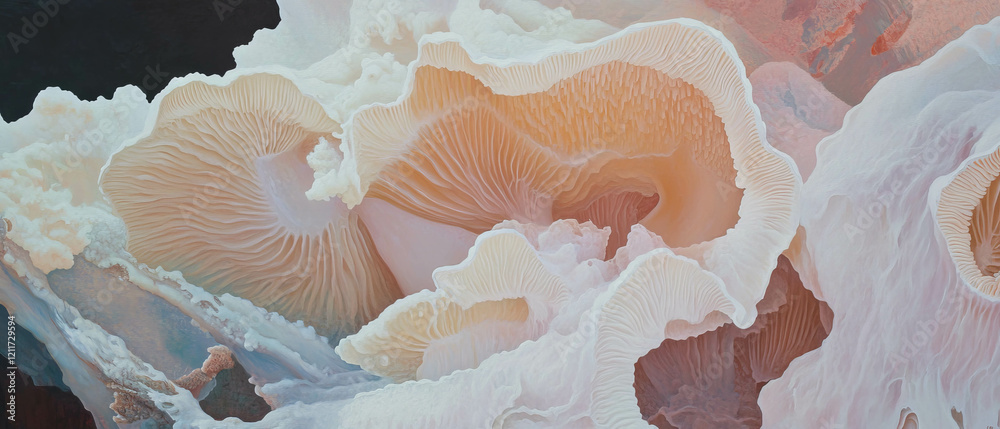 Leinwandbilder examining the intricate texture of mushroom gills in earthy tones and delicate structures