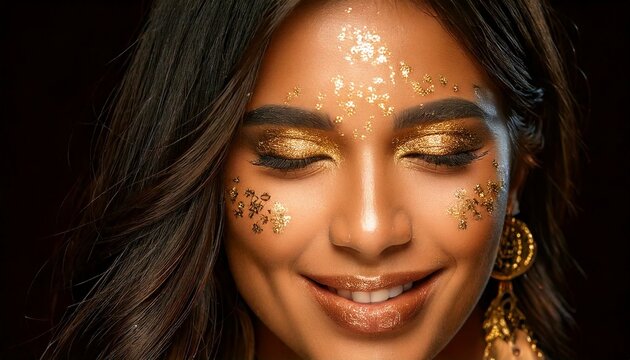 A celestial makeup look with golden stars painted across the cheeks, glittery eyelids