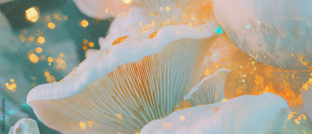 Poster captivating texture of mushroom gills with organic patterns and sparkling gold accents